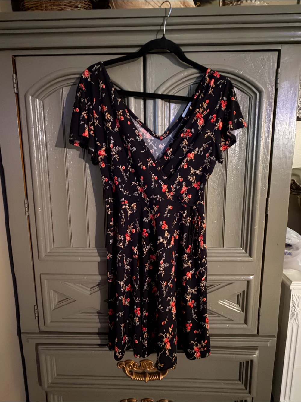Kaileigh Black Floral Wrap Dress with Red and Cream Accents